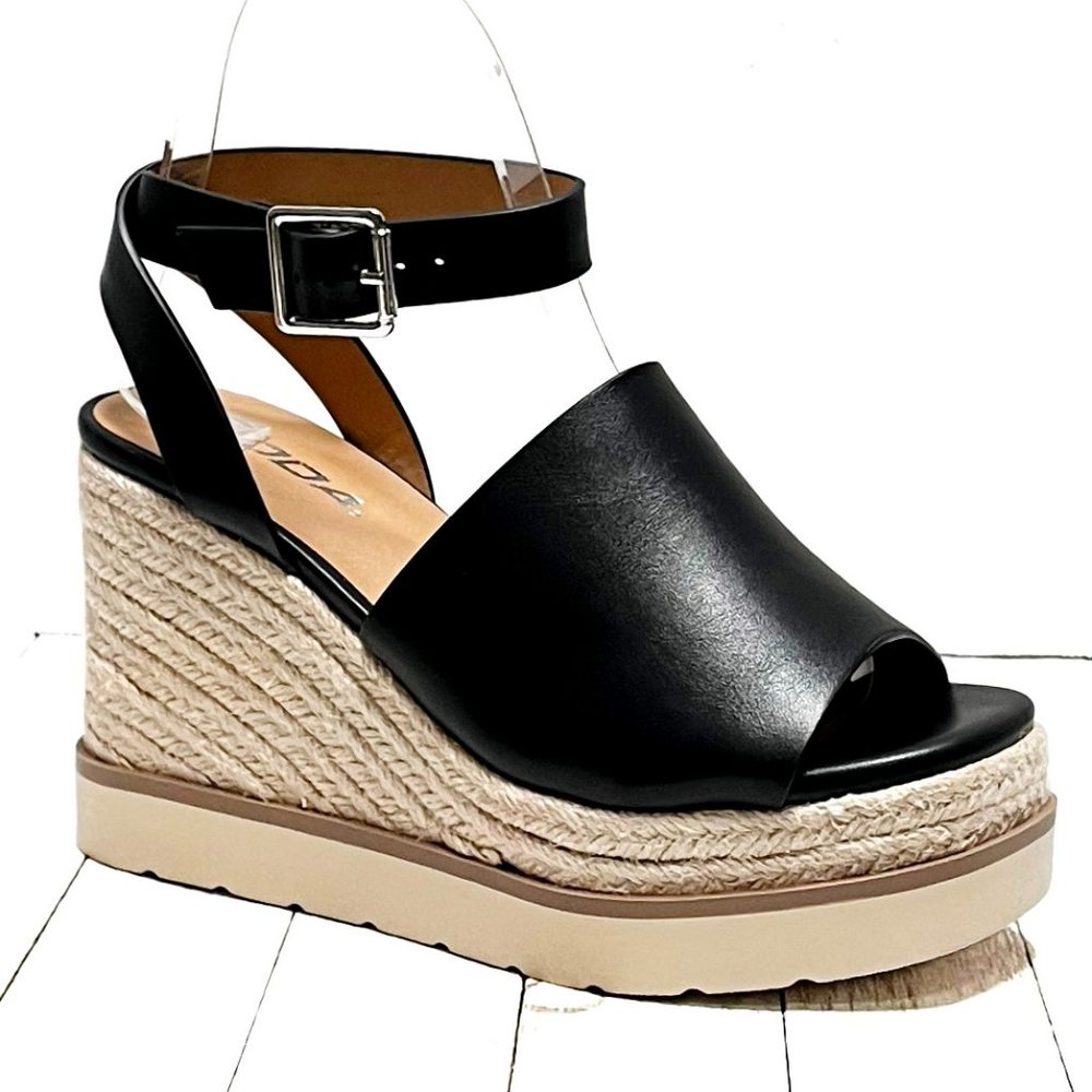 New Women Black Platform Wedge Espadrille Sandals